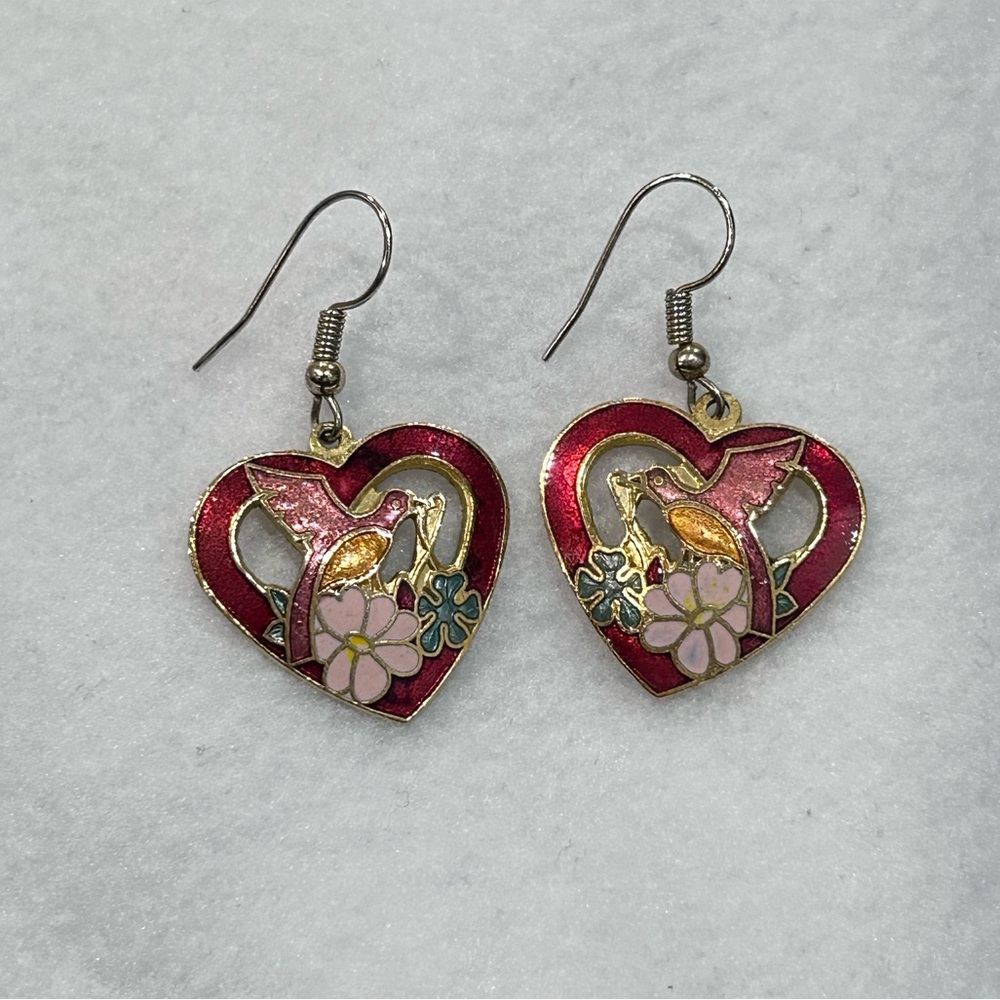 Heart Shaped Bird and Flower Earrings